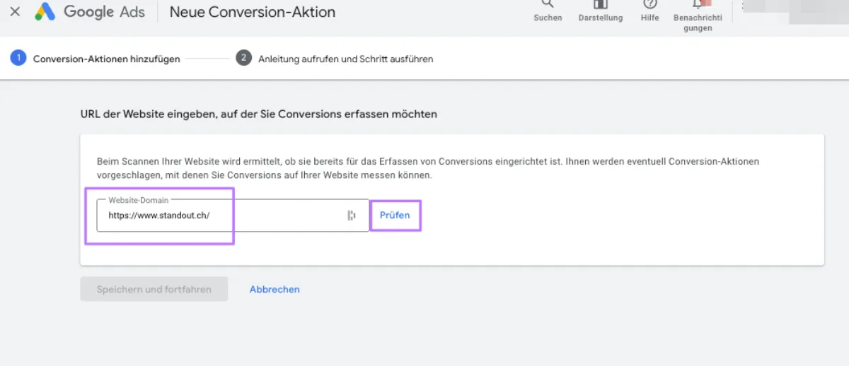 Website-Domain fürs Conversion Tracking eingeben – Screenshot