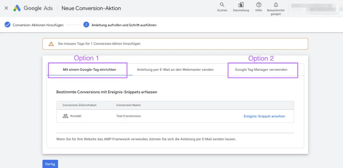 Auswahl Tracking Integration – Google Tag Manager