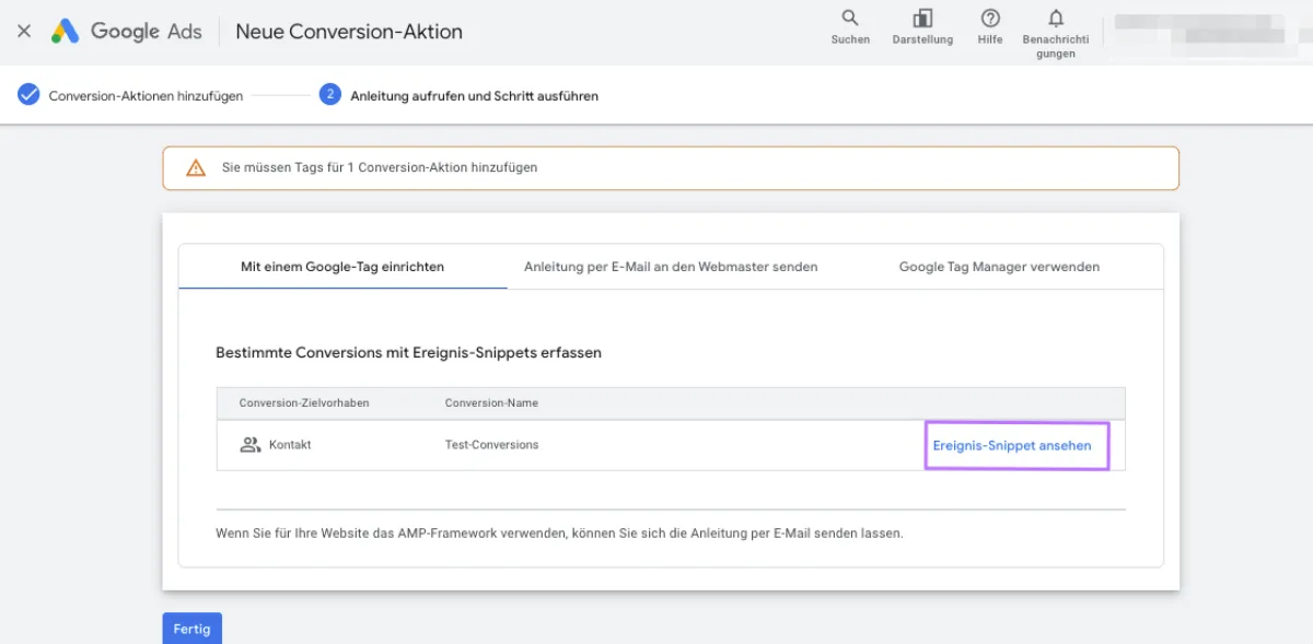 Bereitgestelltes Google Tag auf der Webseite einfügen – Anleitung