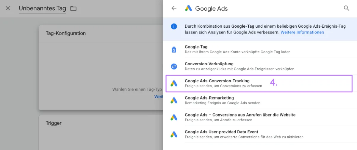 Neues Tag vom Typ "Google Ads Conversion Tracking" erstellen – Anleitung 3. Teil
