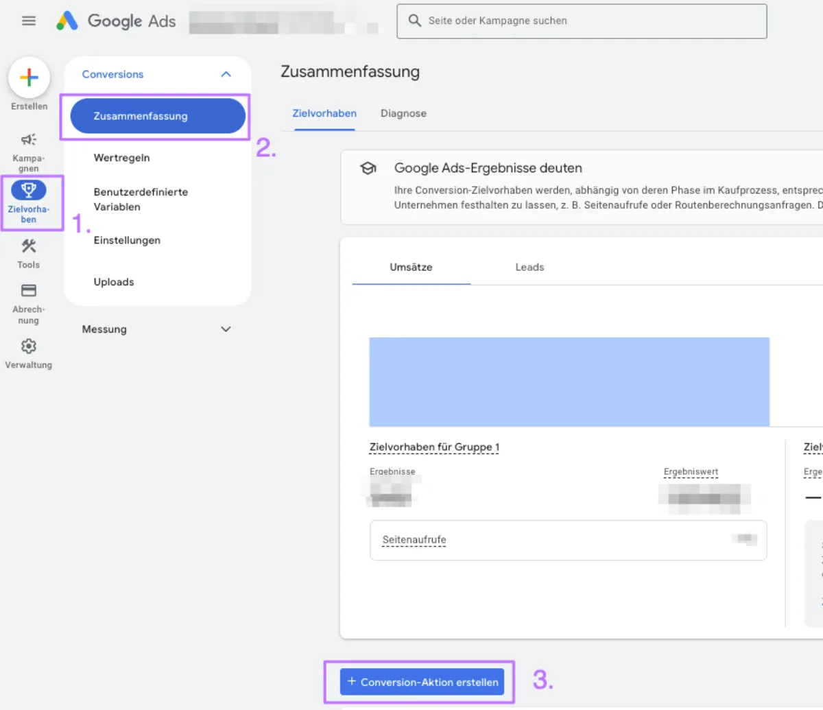 Conversion Aktion in Google Ads wählen – Screenshot