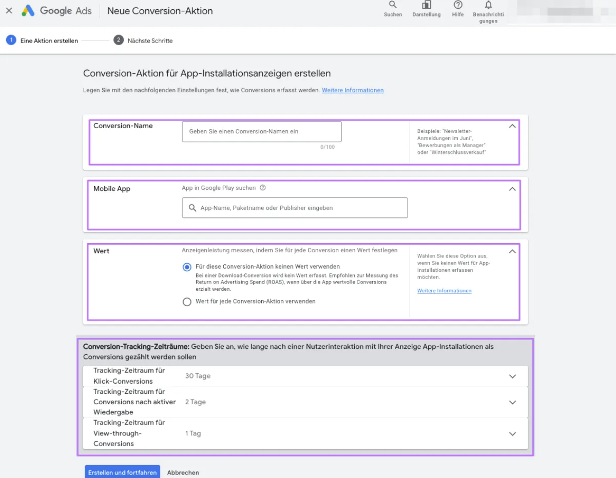 Parameter der Conversion Aktion festlegen – Auszug aus Google Ads