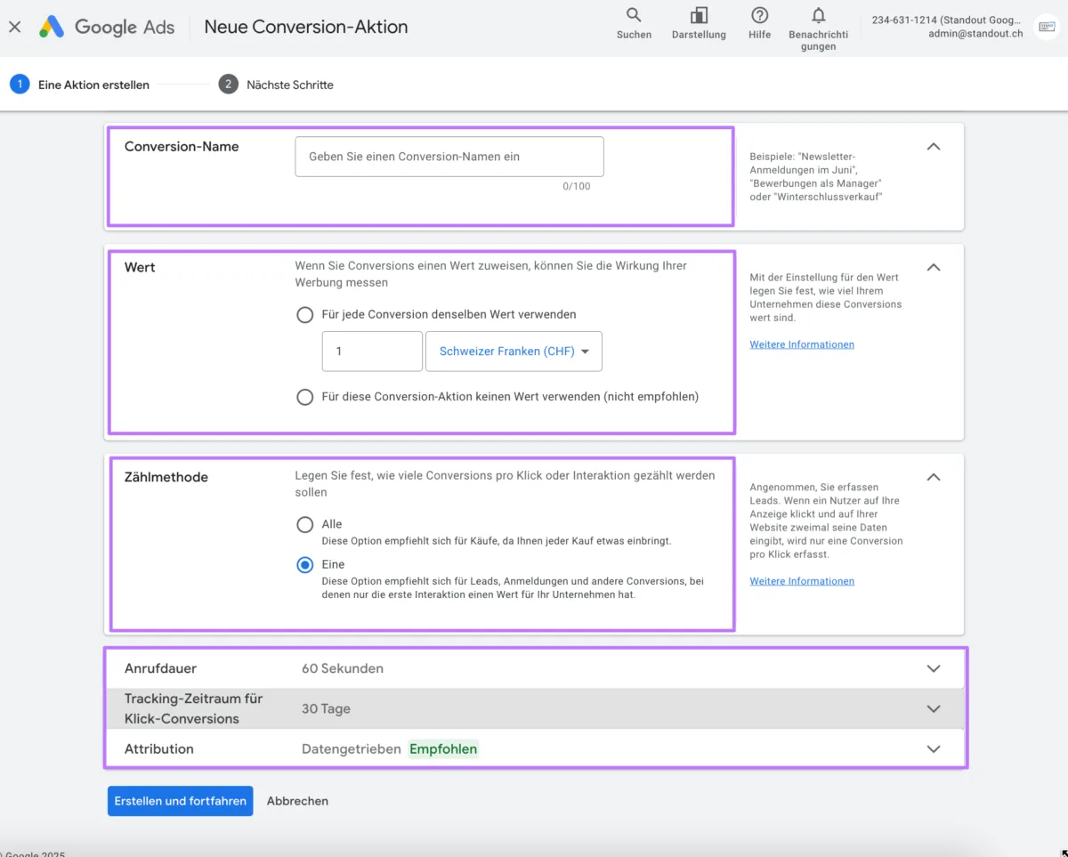 Conversion Details definieren – Auszug aus Google Ads