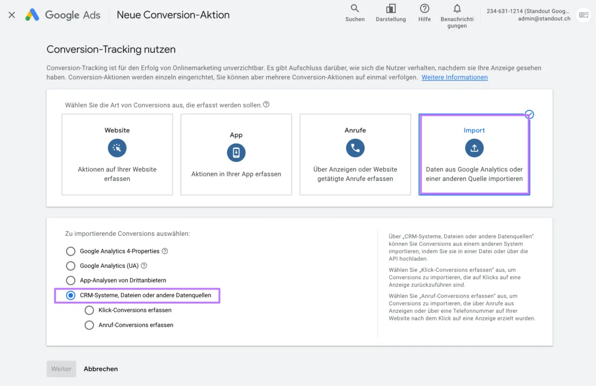 Google Ads Conversion Tracking Typ "Import" wählen – Screenshot aus Google Ads