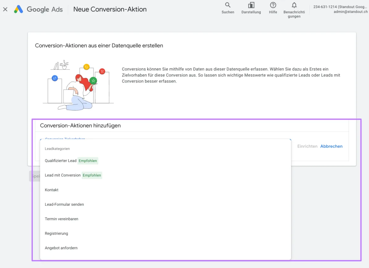 Conversion Ziel auswählen – Screenshot aus Google Ads